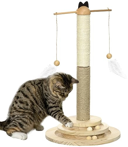 PawHut Árbol Rascador para Gatos de Madera Altura 56 cm Torre para Gatos Centro de Actividades para Gatitos con Poste de Yute y Sisal Bolas para Jugar Ø32x56 cm Natural