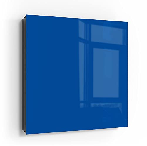 DEQORI Schlüsselkasten schwarz | 30x30 cm | Unifarben - Mittelblau | Glas & Metall Schlüssel-Box | Schlüsselschrank mit 50 Haken + 2 Magnete | Moderne Box magnetisch & beschreibbar