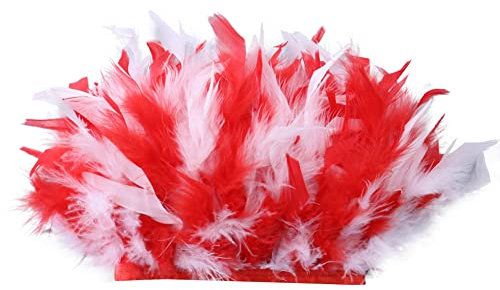 2M Türkei Federn Fringe Trim,Truthahnfedern mit Satinband Natürlichen Feder Fransen für DIY Tuch Kleid nähen Handwerk Weihnachten kostüme Dekoration Halloween Federband Bastelzubehör,Weiß + Rot