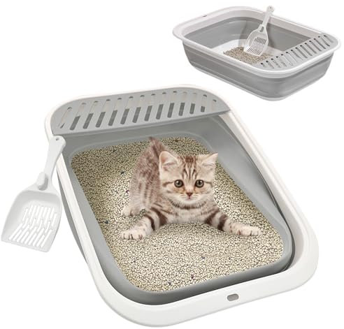 VCEPJH Collapsible Small Cat Litter Box Open Kitty Litter Pan with Scoop Senior Cat Toilet with Falling Sand Pedal for Kittens Small Pet Rabbit 17.7x13.4x4.9in (Grey M)