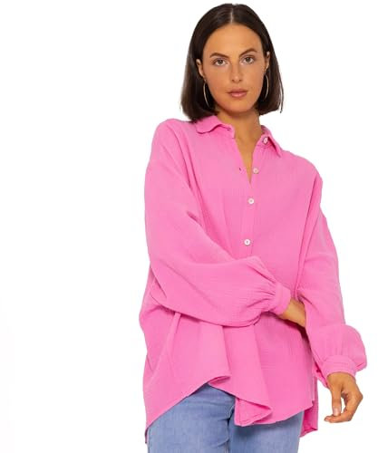 SASSYCLASSY Oversize Musselin Bluse Damen Langarm - Oversized Freizeit Look - Hemdbluse lang aus Baumwolle mit V Ausschnitt - Long-Bluse One Size (Gr. 36-48) Pink