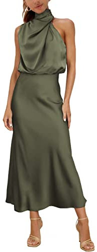 MIRGLER Vestido largo elegante y formal con cuello alto, de satén elástico, cintura alta, para mujer, color verde militar, talla M