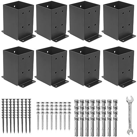 AXWHYS 4×4 Post Base 8 Pcs, (Inner Size 3.6x3.6) Post Brackets, Heavy Duty Black Metal Powder-Coated Thick Steel Post Anchor Outdoor for Support Deck Base Plate Pergola Brackets Fence Kit