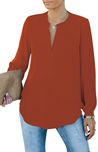 Homlan Blusa Elegante para Mujer, Cuello en V, Manga Larga, Informal, túnica, Camiseta de Manga Larga, Monocolor, Suelta, Naranja, L
