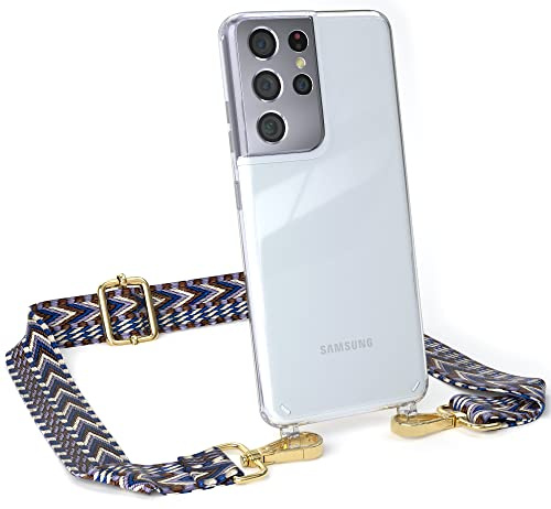 EAZY CASE Handykette - Verstellbares Taschenband kompatibel mit Galaxy S21 Ultra 5G, Schulterriemen, Handykordel mit Silikon Hülle, Umhängetasche, Blau Weiß Gold