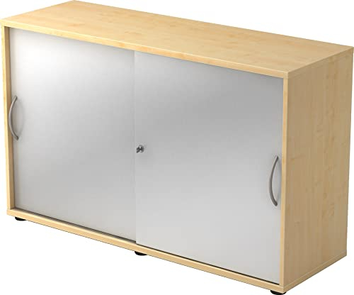 bümö Schiebetürenschrank 2OH - Aktenschrank abschließbar, Sideboard Schrank mit Schiebetüren in Ahorn/Silber - Büroschrank aus Holz mit Schiebetür, Büro Kommode für Ordner & Co.