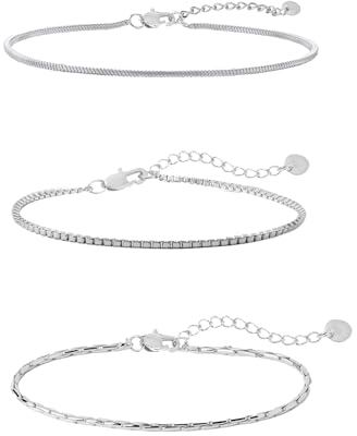 Made by Nami Herren Armband Set aus Edelstahl Silber/Gold • 3x Minimalistisches Armband Herren • Armbänder für Herren • Silberarmband Männer • Filigrane Cuban Link Chain Armkette (3er Set Silber)