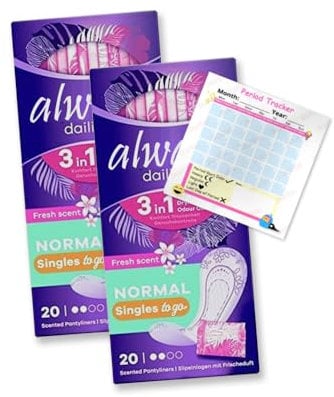 Always Dailies Panty Liners Normal 40x Fresh Scent Pantyliners | Go Fresh 3 in 1 | Singles Individually Wrapped | Odour Neutralising | Comfort | Pack of 2X 20 | Including Jaspem Period Tracker