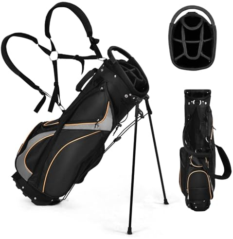 GYMAX Golf Stand Bag, Professional Golf Club Bag with 8 Way Divider, 7 Storage Pockets, Cooler Bag, Dual Strap & Rain Hood, Lightweight Golf Carry Bag for Men & Women