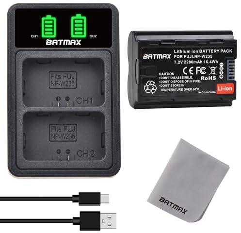 Batmax 2 Pcs NP-W235 Batterie et Chargeur avec USB Port pour Fujifilm X-T5, X-T4, X-H2S, GFX100S, GFX 50S II, VG-XT4 Vertical Camera