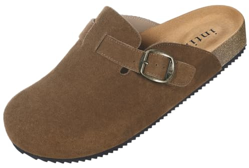 Intini Clogs Hausschuhe Herren Damen Pantoletten Leder, Rotbraun, 42 EU