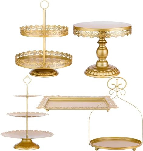 Set di supporti for torta dorati Set di biscotti rotondi in metallo for cupcake, piatto da esposizione for dessert, vassoio da portata con manico for matrimonio, compleanno