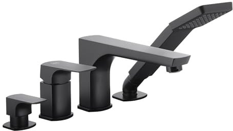 Badewannenarmatur 4 Loch Wannenrandarmatur, Schwarz | Mischbatterie für Badewanne Wannenrand, mit Einhebelmischer, Handbrause, Umsteller, Wanneneinlauf, 4-Loch, Modell: KFA Mokka