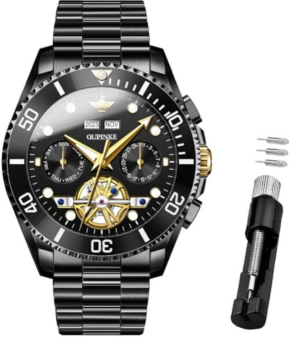 OUPINKE Herren-Automatikuhr, Skelett, mechanisch, selbstaufziehend, luxuriös, Chronograph, Kalender, leuchtende Uhr für Herren, 50 m wasserdicht, Saphirglas, 3229 schwarzes Armband und schwarzes