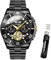 OUPINKE Herren-Automatikuhr, Skelett, mechanisch, selbstaufziehend, luxuriös, Chronograph, Kalender, leuchtende Uhr für Herren, 50 m wasserdicht, Saphirglas, 3229 schwarzes Armband und schwarzes
