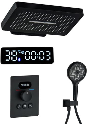 QREZAA Colonne de Douche Thermostatique Douche Encastrable Affichage Numérique Colonne de Douche Encastrable Noir Ensemble de Douche avec Pommeau de Douche, Douchette
