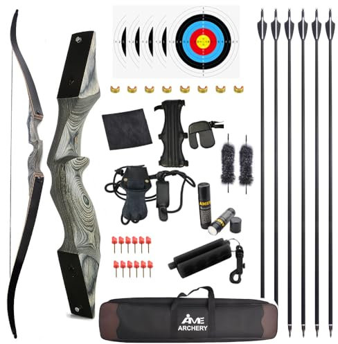 60” Black Hunter Original Recurve Bow Set American Hunting Longbow Archery Woodbow 20-60lbs Right/Left Handed for Archery Hunting Shooting Practice (Right hand Grey, 60 Ibs)