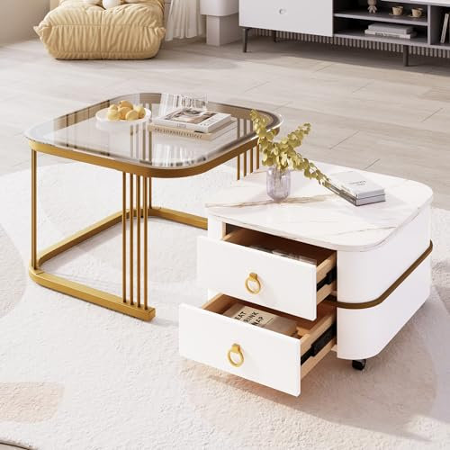 ModernLuxe 2-in-1 MDF Coffee Tables for Living Room, Square Coffee Table with Colorless Glass Tabletop, White Small Side Table with 2 Drawers and High Gloss Marble Exterior, Gold Table Legs