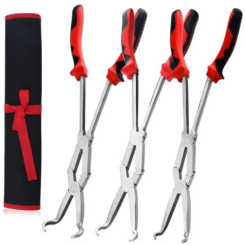 LEONTOOL 3PCS Extra Long Nose Hose Grip Pliers Set 13 Spark Plug Remeover Pliers Long Reach XL Pivot Ring Nose Plier Double Joint Ring Nose Plier with Serrated Jaw for Hard to Reach Narrow Spaces
