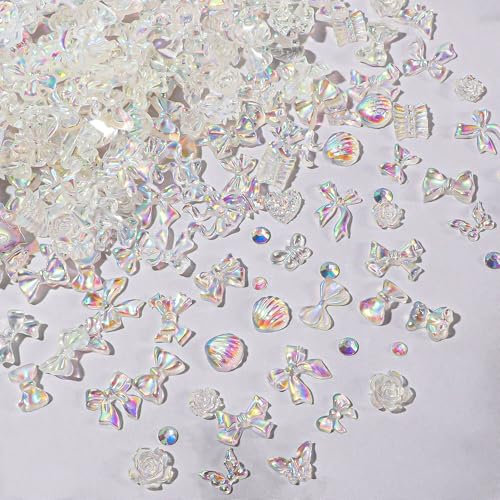 3D Nail Charms,400PCS Multi Shapes Flower Flower Bow Bear Moon Heart Nail Art Charms Nail Rhinestones Charms,Resin Nail Charms for Nail Art Decorations DIY Crafts Jewelry Accessories (Aurora)