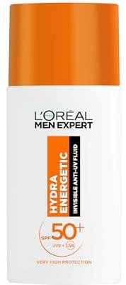 L'Oréal Men Expert Hydra Energetic Daily SPF50+ Invisible Fluid, UV Protection & Skin Revitalisation, With Vitamin C Antioxidant, 50ml
