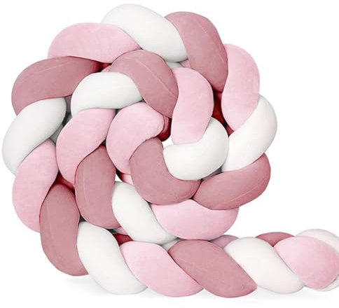 AmphaDeco Bettschlange Geflochten, Nestchenschlange Geflochten,Knotenkissen Bettumrandung,Baumwolle Bequem Bettschlange Baby,Bettschlange,Nestchenschlange,Weiß rosa rot,350cm