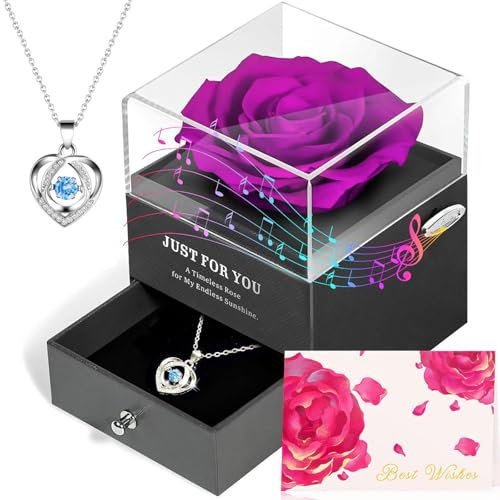 ADDWel Muttertagsgeschenk für Frauen Ewige Rose mit herzförmiger Halskette (Silber 925) und ‚You Are My Sunshine‘ Spieluhr - Mama Muttertag Geschenk, Geburtstagsgeschenk für Ehefrau Oma Freundin