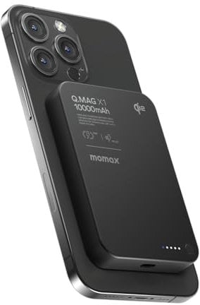MOMAX Q.MAG Magnetic Power Bank Qi2 Certified, Ultra-Slim 10000mAh Magnetic Portable Charger – 15W Wireless Portable Charger for MagSafe iPhone Series & Android, MTT Cooling Tech Battery Pack, Black