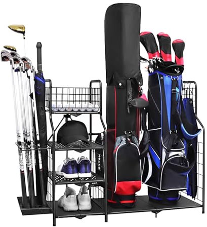 Madamera Golftaschen-Organizer, Golf-Aufbewahrung mit feststellbaren Rädern, Lagerregale für Golfschläger und Golfausrüstung für Indoor, Outdoor, Keller,Sportgerät-Garagen-Organizer(95×45×10)