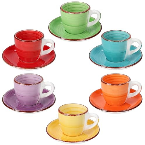 MamboCat 6er Set Uni bunt Espressotassen mit Untertassen I 80 ml I kleine Bunte Mokka-Tassen + Untertasse aus Steingut für 6 Personen Strudel-Dekor