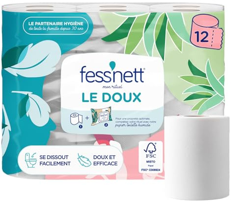 fess'nett - Papier Toilette Sec - Double Epaisseur - Le Doux - 12 Rouleaux | Fibres végétales FSC - Double épaisseur - Se dissout facilement -convient fosses septiques et broyeurs - 12 rouleaux - Blanc