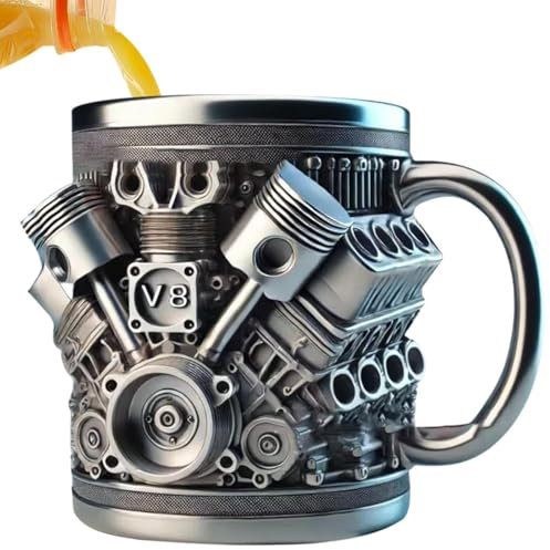 Gobelet à Café Mécanique en Acier Inoxydable V8, Creative 3D Car Moteur Design Eau Masse, 300ml Gobelet de Café Mécanique, Tasse à Eau Isotherme à Double Paroi avec Poignée, pour Amateurs de Voiture