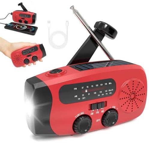 Wind Up Solar Radio, Emergency Wind Up Radio with LED Torch, Portable Hand Crank Radio with (AM/FM/WB), Phone Charger, Solar and Hand-Crank Charging, 2000mah, SOS Alarm, for Camping Hiking (Red)