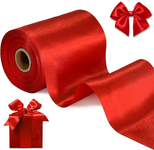 LATERN 20M Weihnachtliches Satinband, 10,2CM Breit Dicke Satinbänder Festem Stoff Großes Band Verpackung Weihnachtsbaum DIY Kranz Weihnachtsschleife Party Dekoration (Rot)