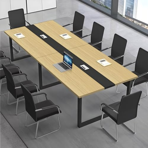 CCUKTFN Großer Konferenztisch, Moderner Besprechungstisch mit Kabelkanal und Schwarzem Metallrahmen für 8–12 Personen, Rechteckiger Seminar-Tisch für Büro, Konferenzraum