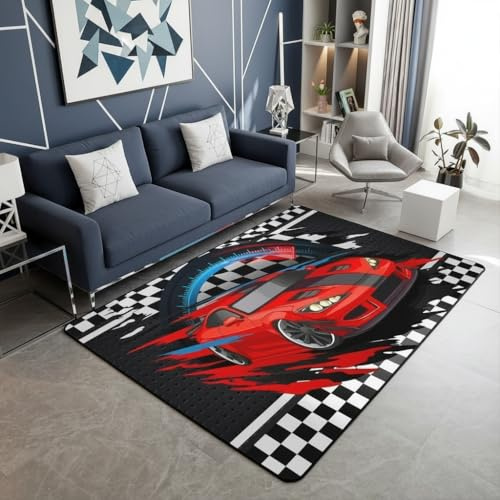 feelingyou Rennwagen Drucken Wohnzimmer Teppich 100x150cm Roter Sportwagen Schlafzimmerbereich Teppich für Kinder Teens Schwarz weißes quadratisches Gitter Indoor Matte Heimdekor