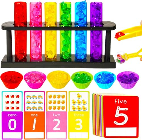 GW Box 105 Pcs Color Sorting Kit Test Tube Counting Bin | Fine Motor Skills Sensory Bin Table Filler Accessories with Acrylic Gems Crystals Sorting Bowls