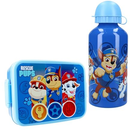 Vadobag Brotdose & Trinkflasche Kinder, Geschenkset Lunchbox mit Alu-Flasche, Pausen Set für Kita Kindergarten Schule (Blau Paw Patrol)