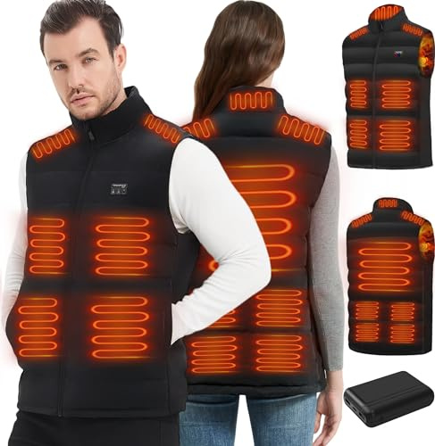 Rasfalo Heated Gilet for Men Women, Electric Heated Vest with 10000mAh Battery Pack, Winter Heated Body Warmer with 15 Heating Zones 3 Heating Levels, Rechargeable Heated Jacket Black 2XL