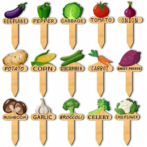 15PCS Watercolor Vegetable Plant Labels, Wooden Garden Labels with Printed Pattern, Wooden T Type Garden Stakes, Waterproof Wo/oden Vegetable Name Tags for Vegetable Seedling Identification