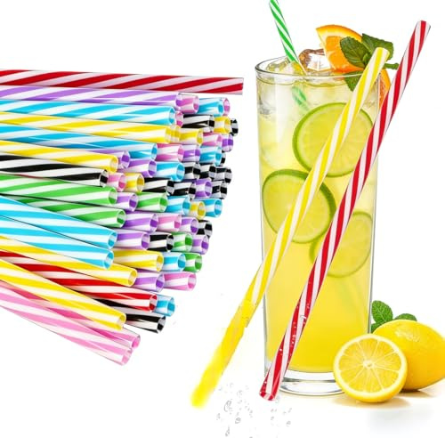 50Pcs Reusable Plastic Straws, Colorful Stripe Hard Plastic Straws, Dishwasher Safe for Family Bar Cafe Restaurant Party