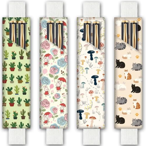 PRESSINART 4Pcs 4 Styles Elastic Band Pen Holder 7.9 x 1.8 Inch Pencil Pouch Elastic Rabbit Mushrooms Cactus Cat Design Adjustable Band Leather Pen Case for Journal Bible Planner Diary Office Use