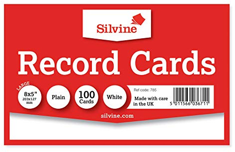 Silvine 8x5 White Flash Cards - Plain (100 Blank Record Cards) for Study, Presentations and Notes