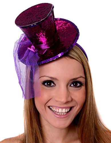 I LOVE FANCY DRESS MINI Glitter Zylinder Hut =MIT Netz AN EINEM HAARREIF= ERHALTBAR IN 8 SUPER GLITZERNDEN Farben = ZUBEHÖR Fasching Karneval Party = LILA
