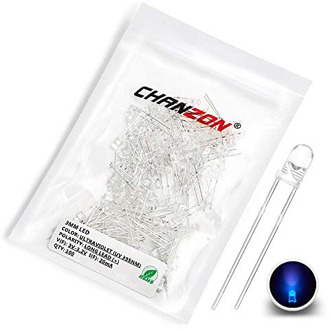 Chanzon 100 pcs 3mm Purple UV LED Diode Lights (Clear Round Ultraviolet 395nm DC 3V 20mA) Lighting Bulb Lamps Electronics Components Light Emitting Diodes