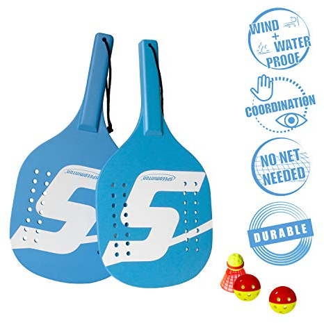 Speedminton Licht Holz Strand Paddel 2 Player Set – inkl. 2 Bällen & 1 Original Fun Speeder Birdie – perfekte Alternative zu Smashball & Beach Tennis