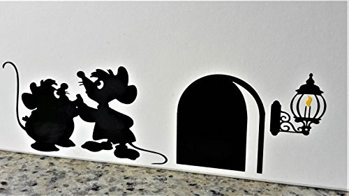 uksellingsuppliers Cartoon Decal Mouse Hole Wall Sticker Gus and Jaq the Cinderella Mice with Yellow Flame Skirting Board Wall Art Sticker Vinyl Decal 20cm x 6cm. Black Gloss