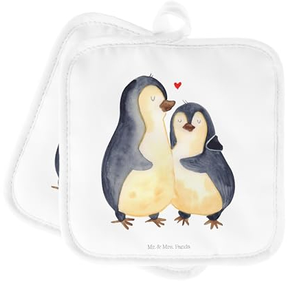 Mr. & Mrs. Panda 2er Set Topflappen Pinguin umarmen - Geschenk, Topflappen 2er Set, Hochzeitsgeschenk, Seevogel, Ofenhandschuh, Topfuntersetzer,