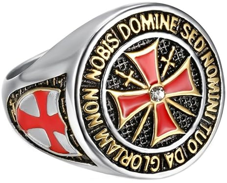 BOBIJOO JEWELRY - Chevalière Bague Anneau Homme Chevalier Templier Argent Or Plaqué Acier 316L Croix Rouge Email Diamant Trésor - 21,6 (12 US)