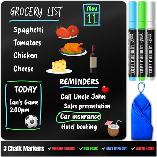 Magnetische schwarze Trockenlöschtafel für den Kühlschrank – A4 / 21 x 30 cm – schmutzabweisend, inkl. 3 magnetischen Neon-Kreidemarkern mit feiner Spitze und Radiergummi – von Yes4Quality